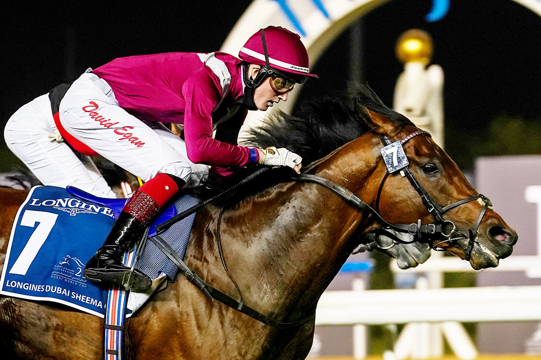 Mishriff wins the 2021 Sheema Classic at Meydan Racetrack