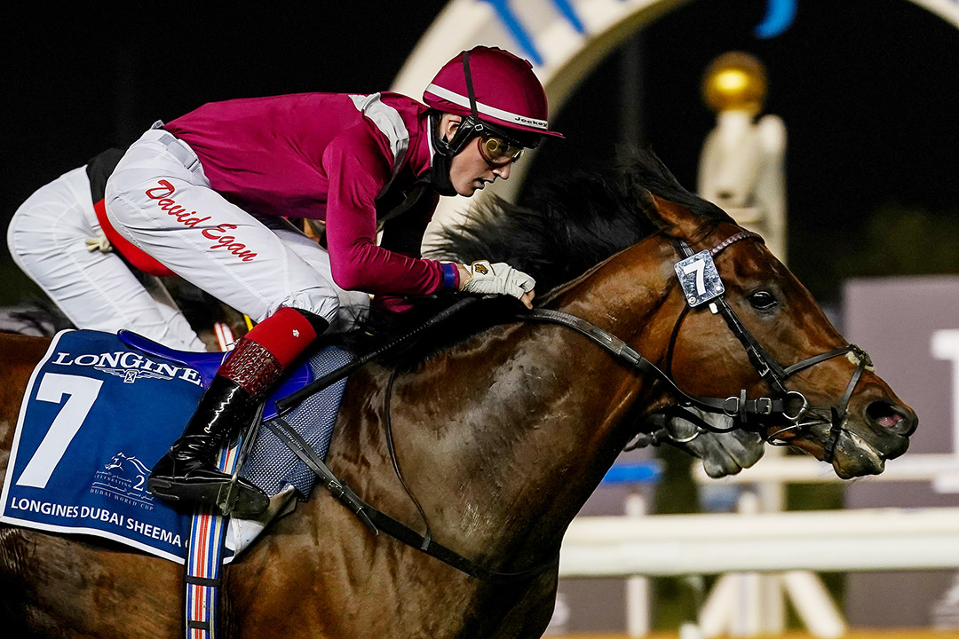 Mishriff wins the 2021 Dubai Sheema Classic at Meydan Racecourse