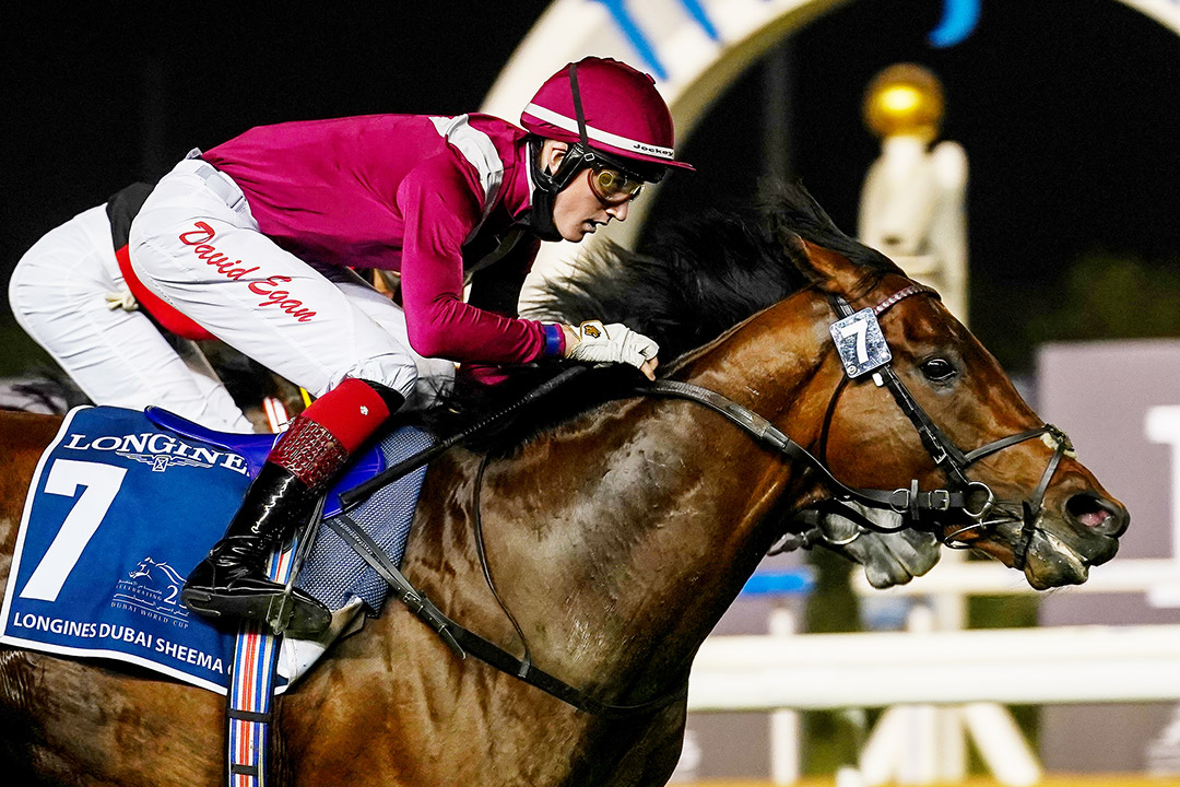 Mishriff wins the 2021 Dubai Sheema Classic at Meydan Racecourse