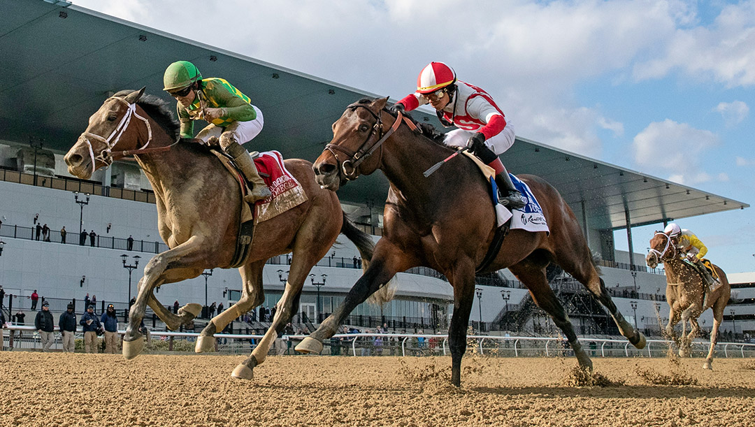 Mo Donegal (left) wins the 2022 Wood Memorial at Aqueduct Racetrack