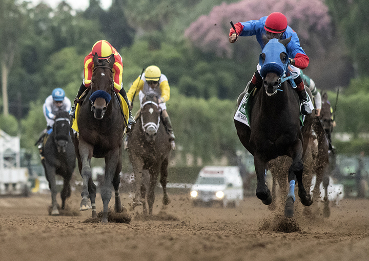 Mongolian Groom (right) wins the Awesome Again Stakes at Santa Anita Park