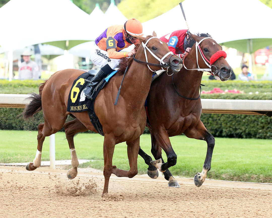 Monomoy Girl (left) finishes second in the 2021 Apple Blossom at Oaklawn