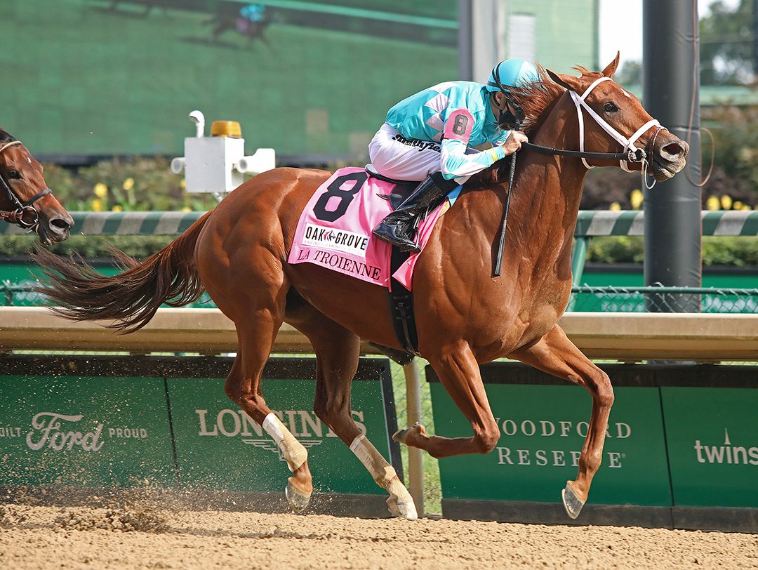 Monomoy Girl wins the 2020 La Troienne Stakes at Churchill Downs