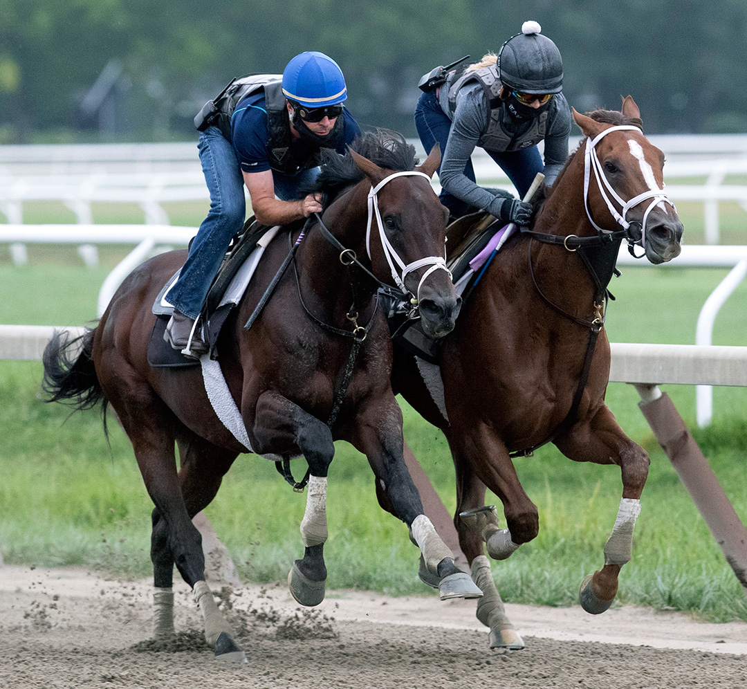 Moretti (left) and Spinoff train at Saratoga Race Course on Aug. 28