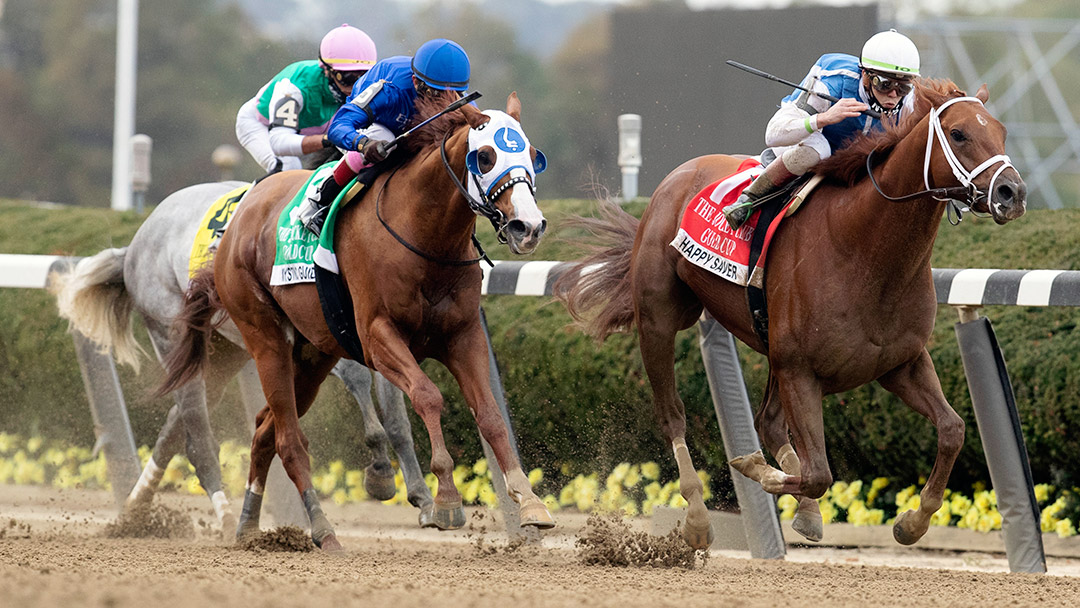 Happy Saver (right) beats Mystic Guide in the 2020 Jockey Club Gold Cup at Belmont