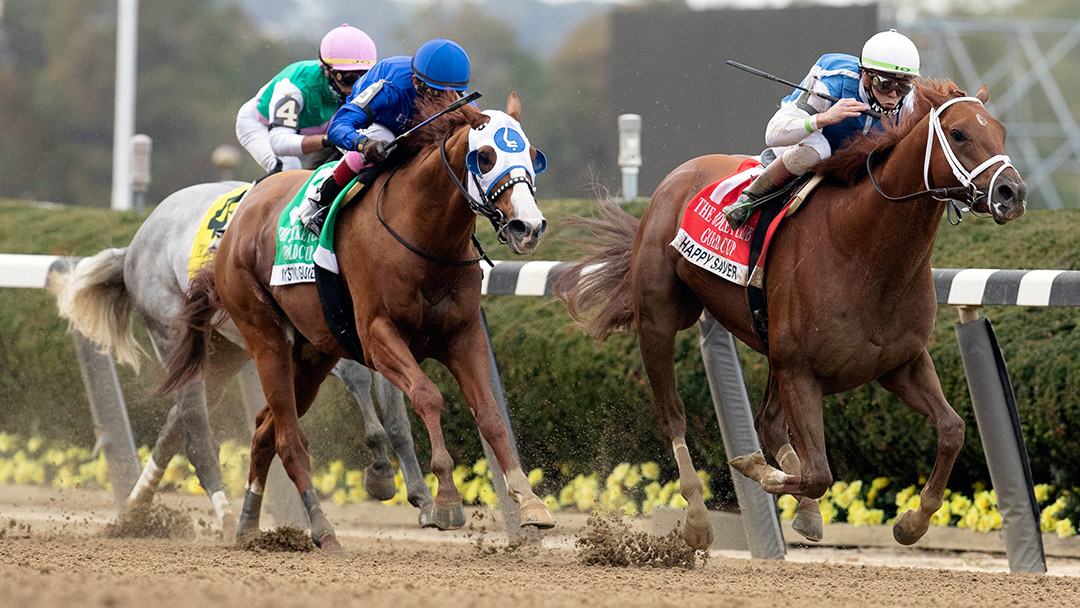 Mystic Guide (left) finishes second in the 2020 Jockey Club Gold Cup at Belmont