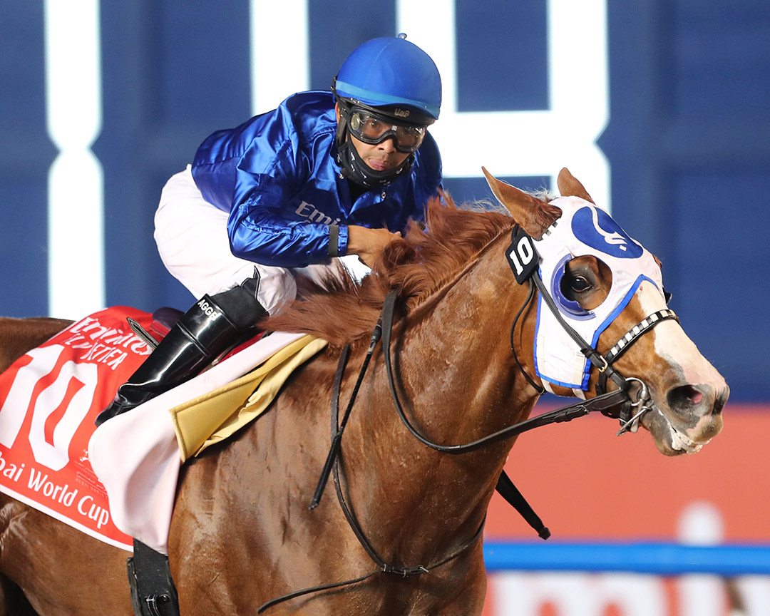 Mystic Guide wins the 2021 Dubai World Cup at Meydan Racecourse