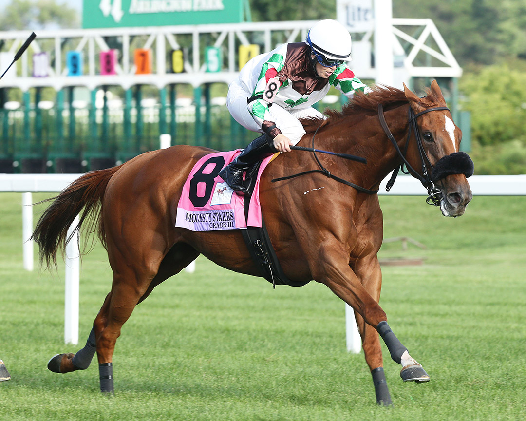 Naval Laughter wins the 2021 Modesty Stakes at Arlington Park