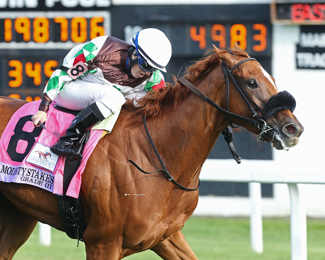 Naval Laughter wins the 2021 Modesty Stakes at Arlington Park