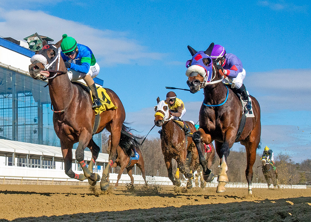 No Cents (left) wins the Heft Stakes at Laurel Park