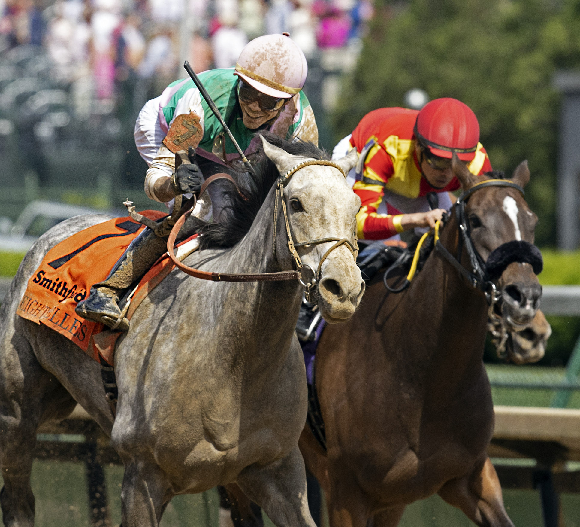 Obligatory (left) wins the 2021 Eight Belles Stakes at Churchill Downs