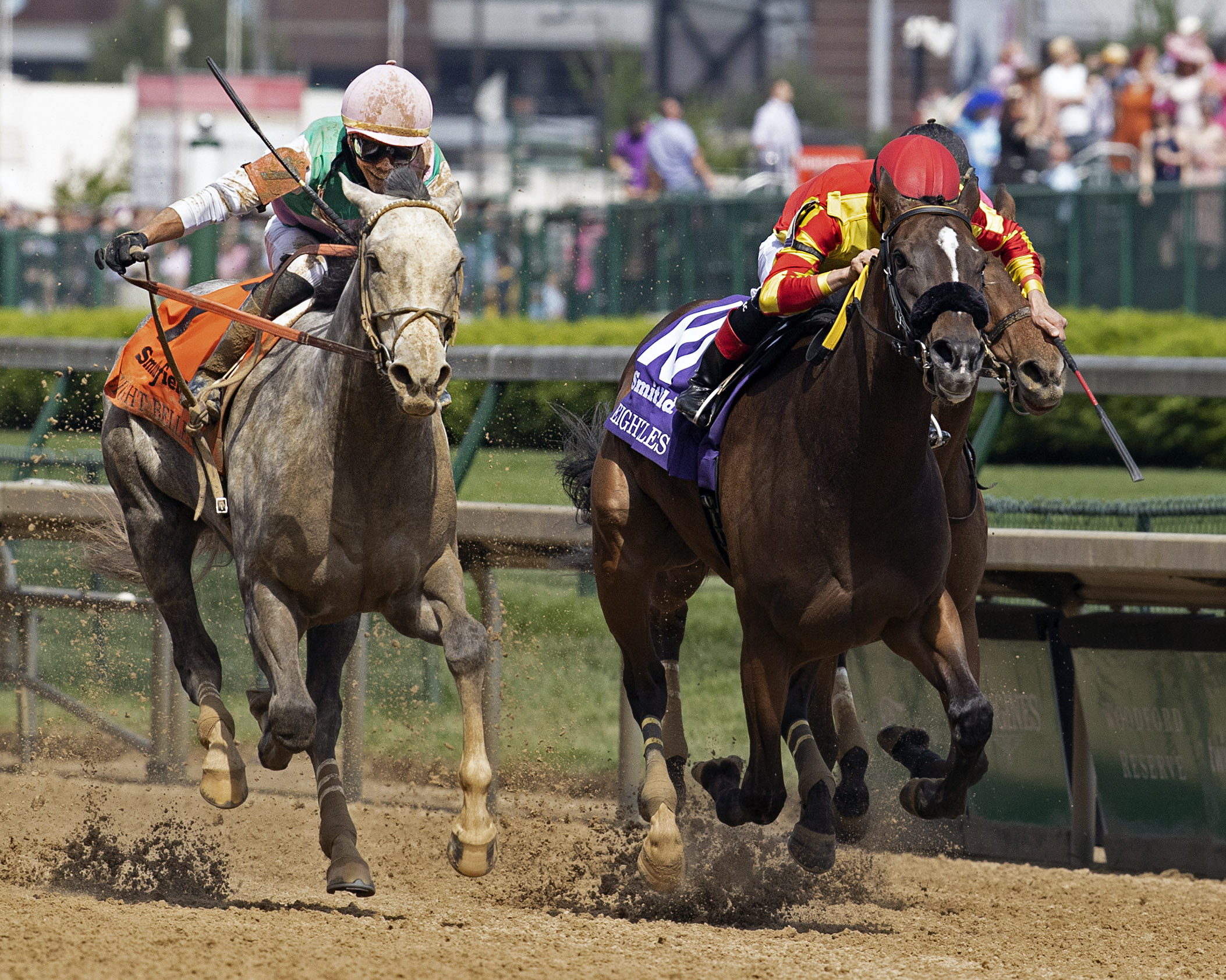 Obligatory (left) wins the 2021 Eight Belles Stakes at Churchill Downs