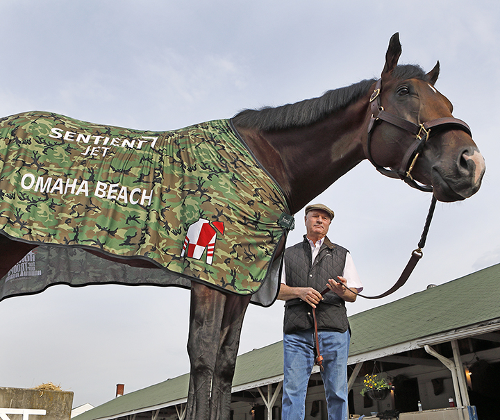 Omaha Beach with trainer Richard Mandella in April 2019