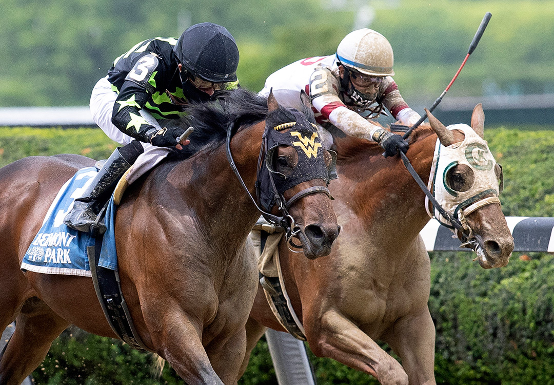 Overbore (left) wins the 2021 Tremont Stakes at Belmont Park