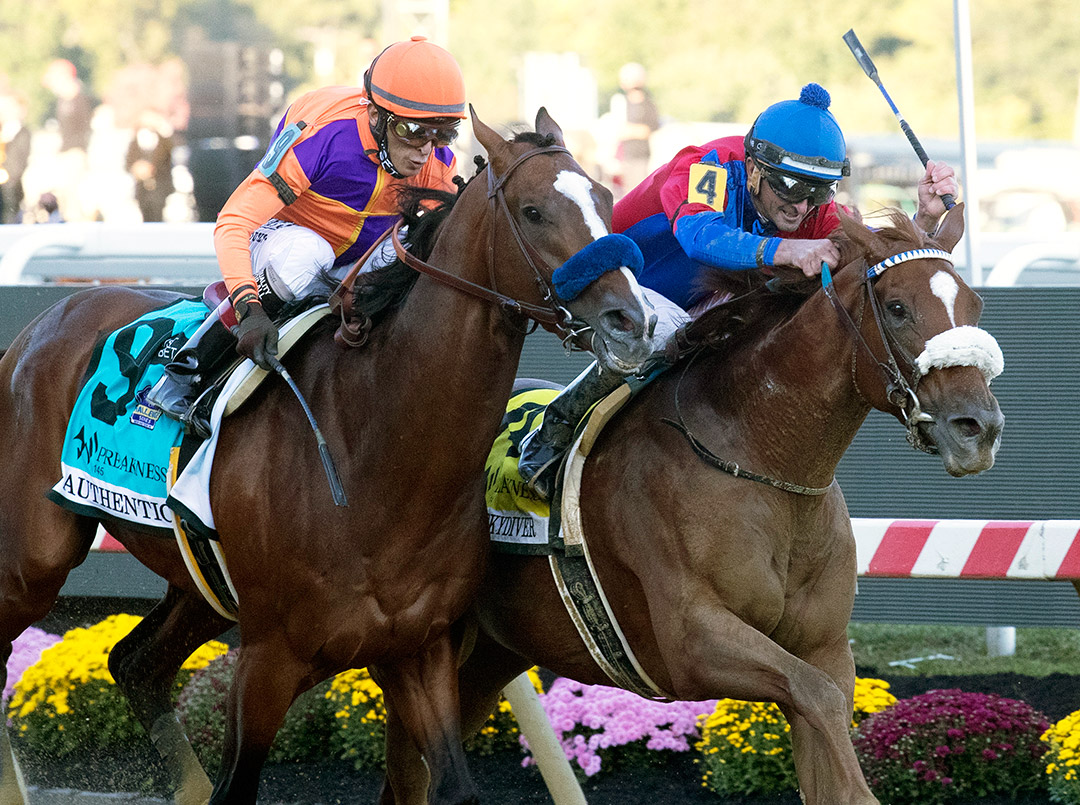 Swiss Skydiver (right) wins the 2020 Preakness Stakes at Pimlico