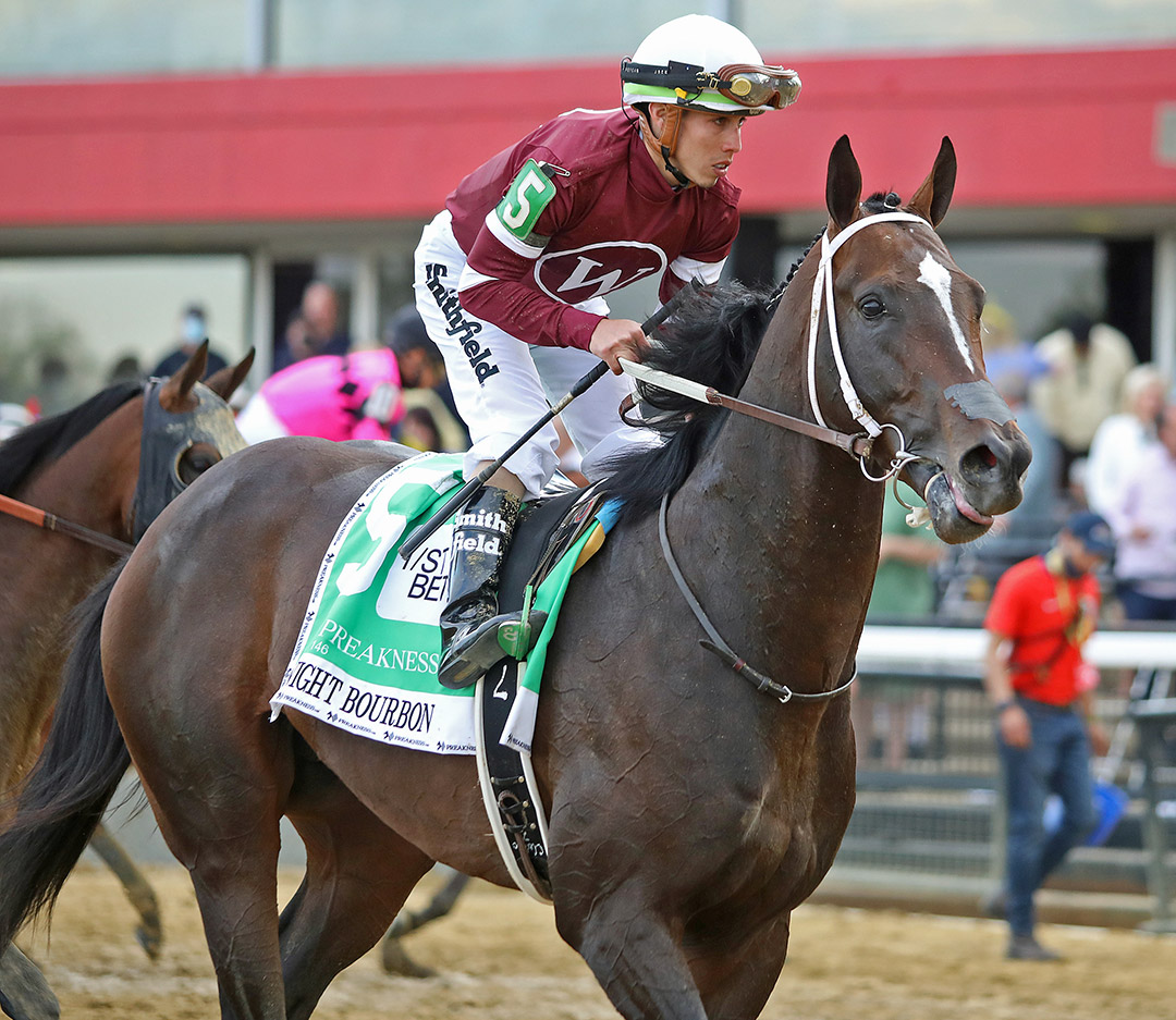 Midnight Bourbon finished second in the 2021 Preakness at Pimlico Race Course