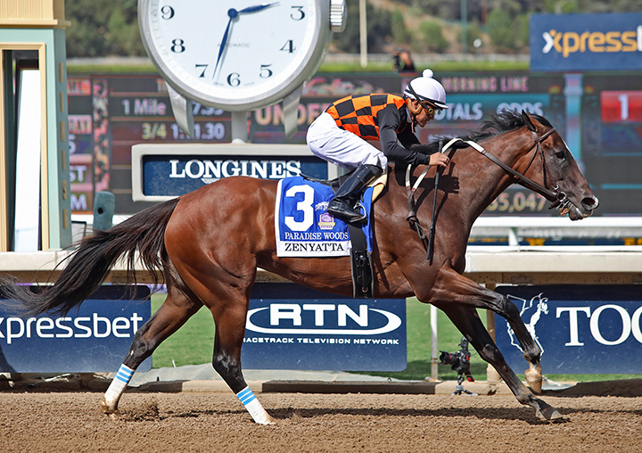 Paradise Woods wins the Zenyatta Stakes at Santa Anita