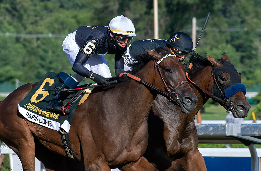 Paris Lights (No. 6) wins the 2020 Coaching Club American Oaks at Saratoga Race Course