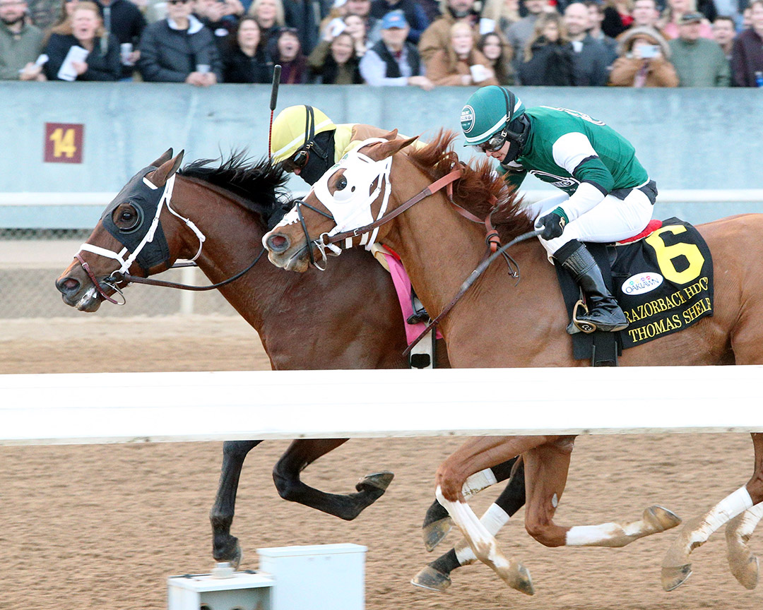 Plainsman (left) beats Thomas Shelby to win the 2022 Razorback Handicap at Oaklawn