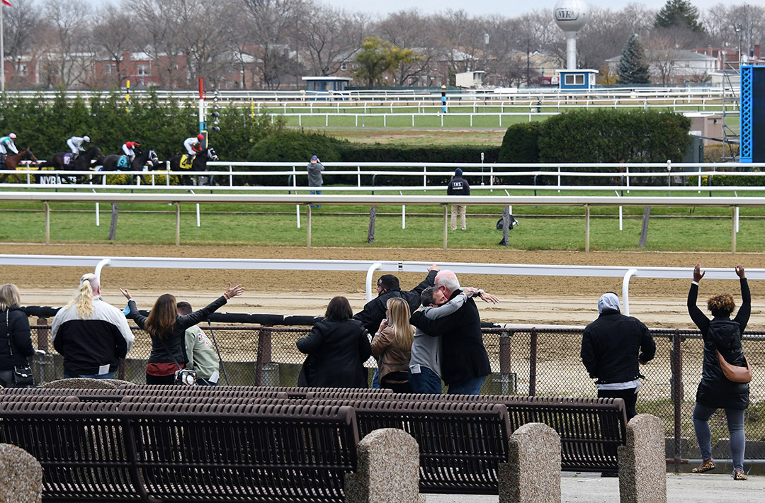 The family of Paul Pompa Jr. celebrates as Spirit Maker wins a Nov. 28 maiden race at Aqueduct