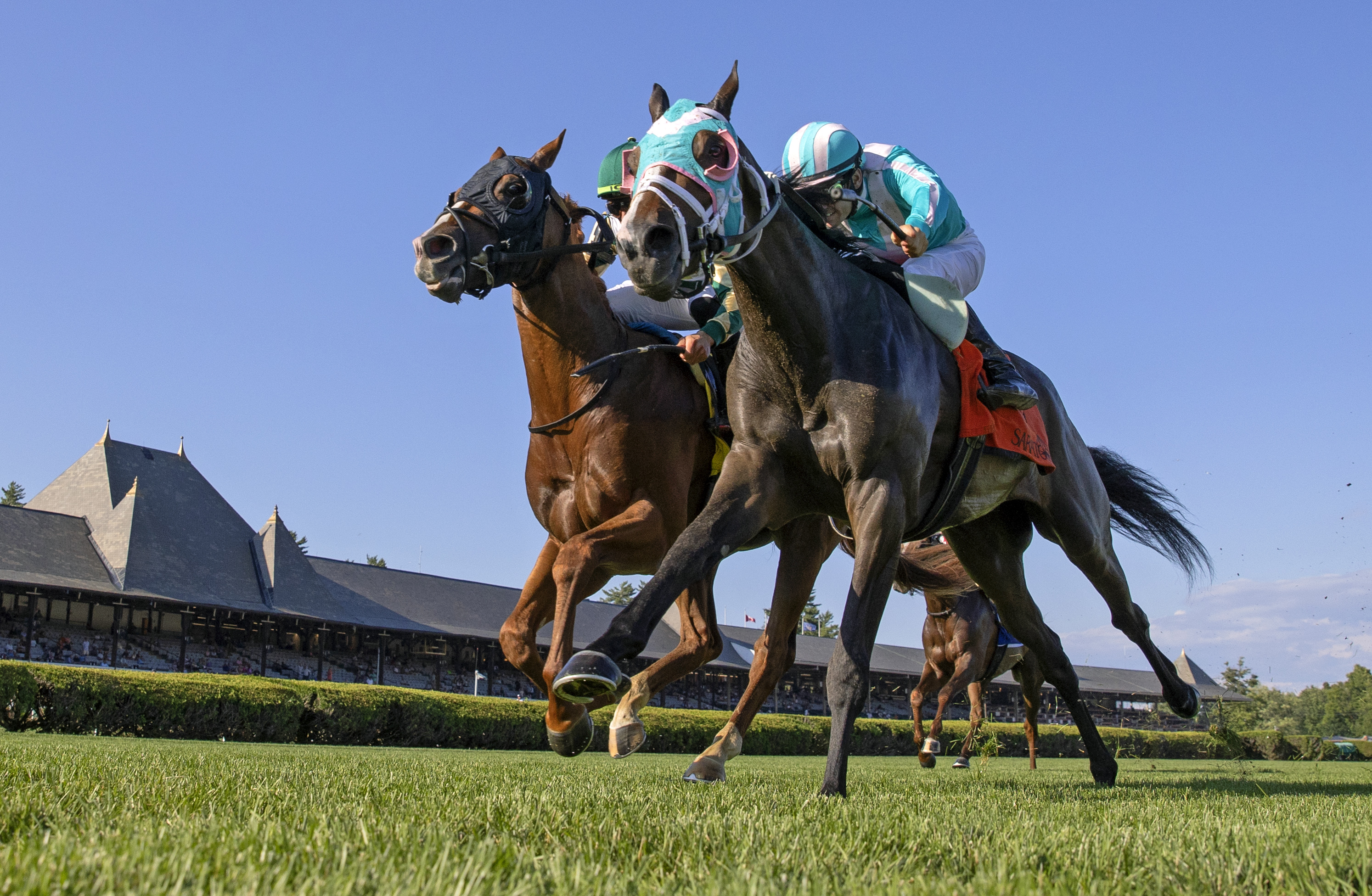 Practice Squad (right) just holds off Dakota Gold in Rick Violette Stakes on July 21 2022