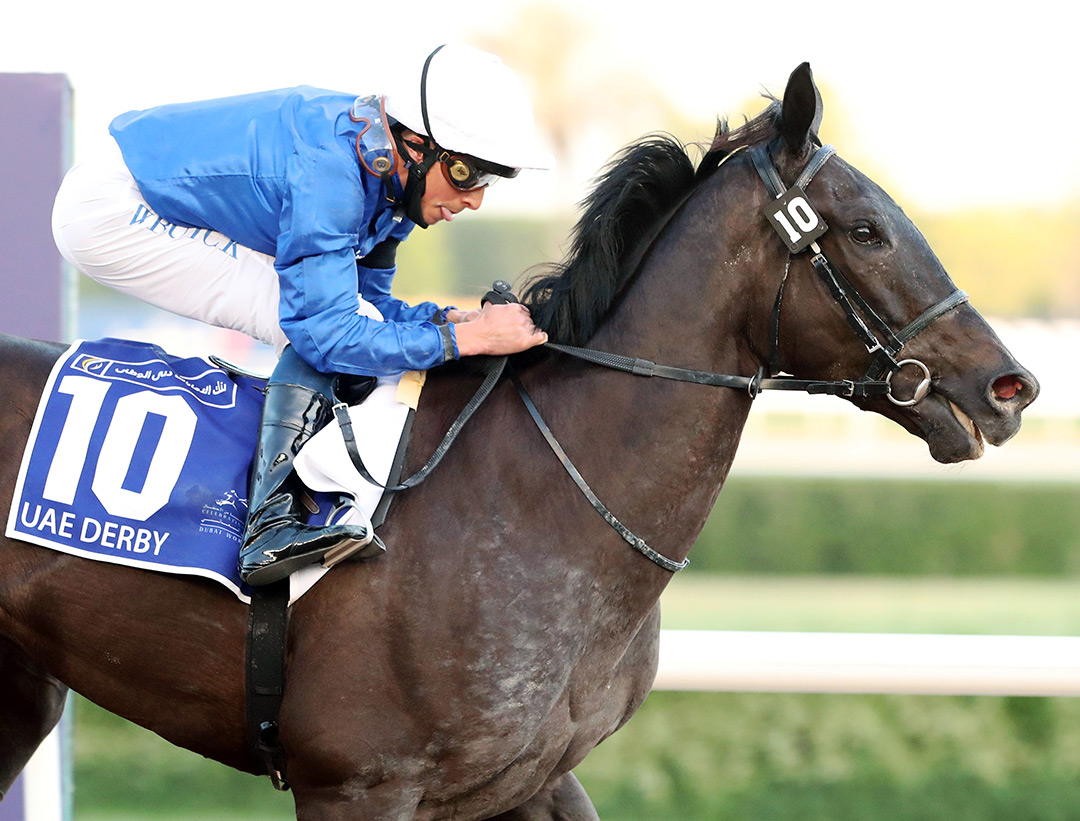 Rebel's Romance wins the 2021 United Arab Emirates Derby at Meydan Racecourse