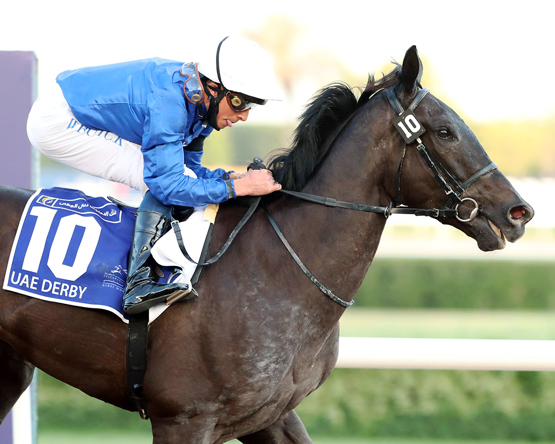 Rebel's Romance wins the 2021 United Arab Emirates Derby at Meydan Racecourse