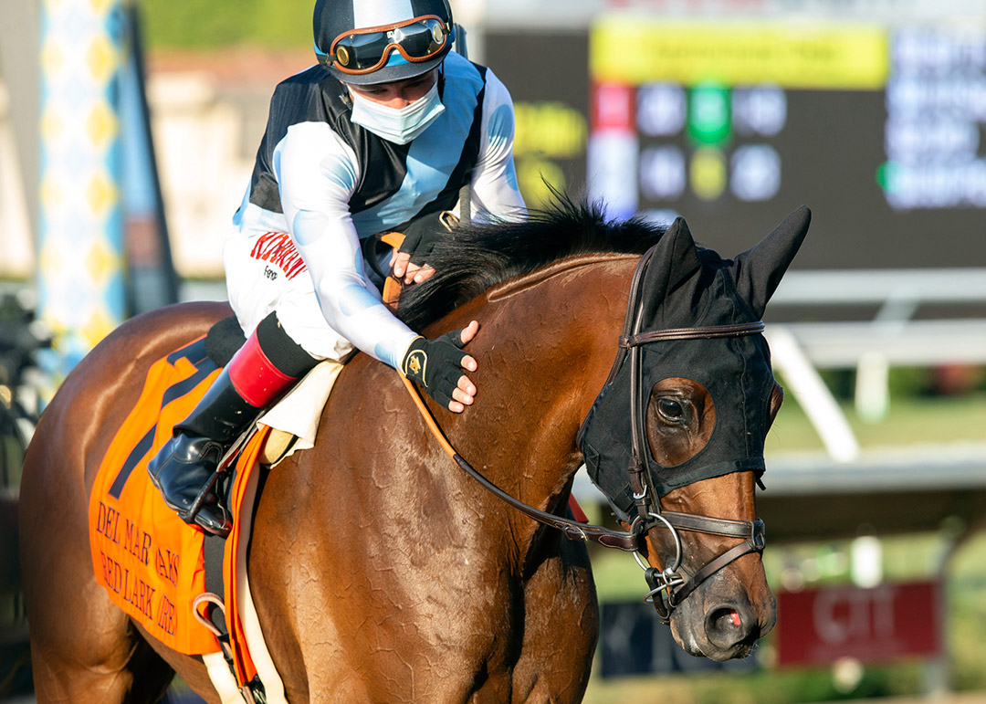 Red Lark after winning the 2020 Del Mar Oaks
