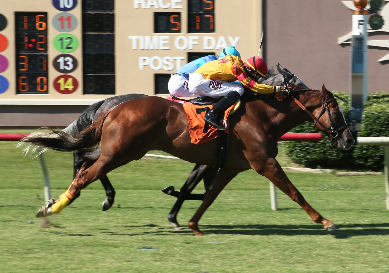 Redatory (outside) beats Sunlit Song in the Richard King Stakes at Lone Star 6-14-2020