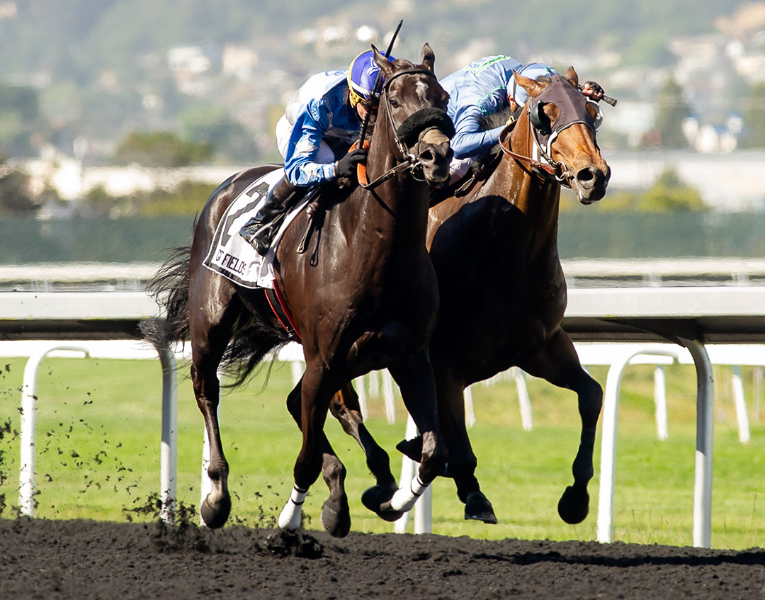 Restrainedvengence (left) wins the All American Stakes at Golden Gate Fields