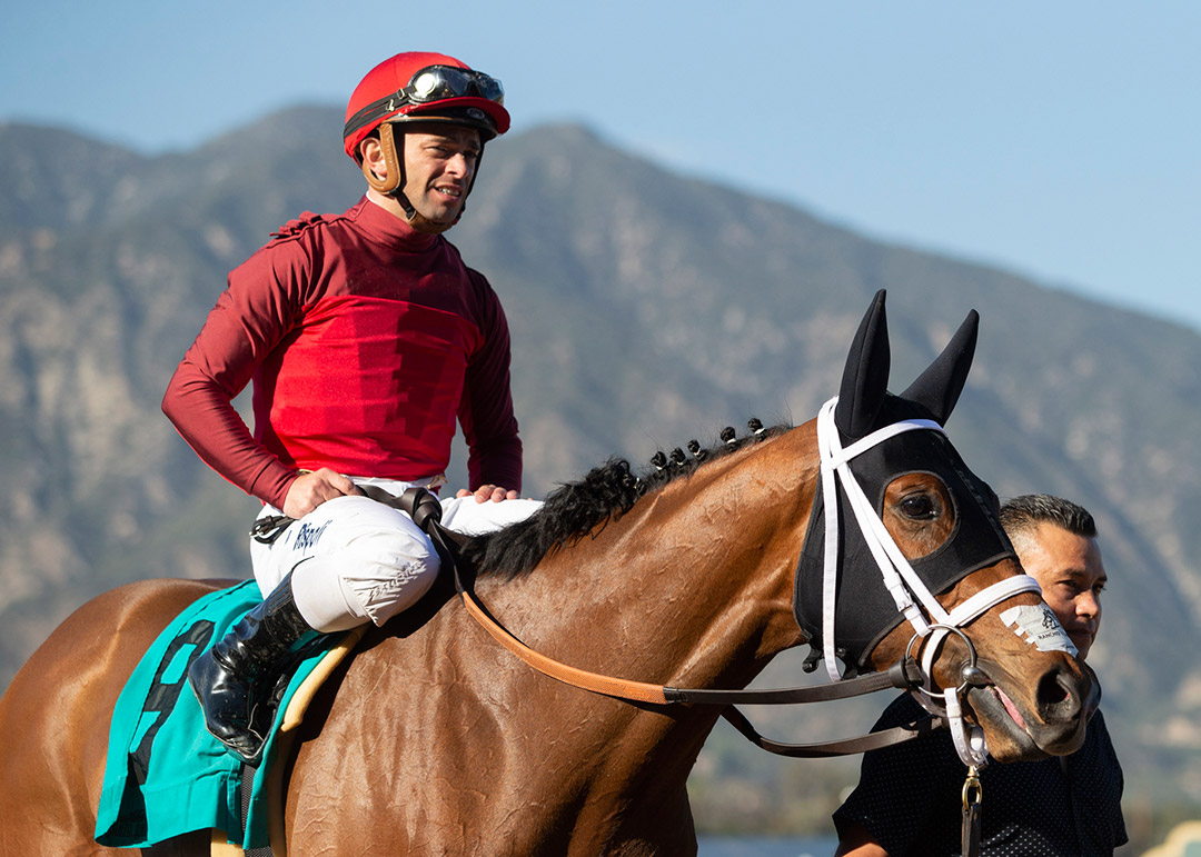 Umberto Rispoli aboard Hariboux at the Pasadena Stakes at Santa Anita