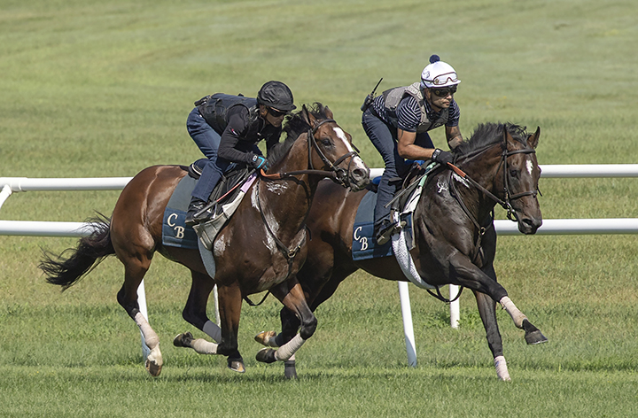 Robert Bruce (inside) trains at Saratoga Race Course on July 21