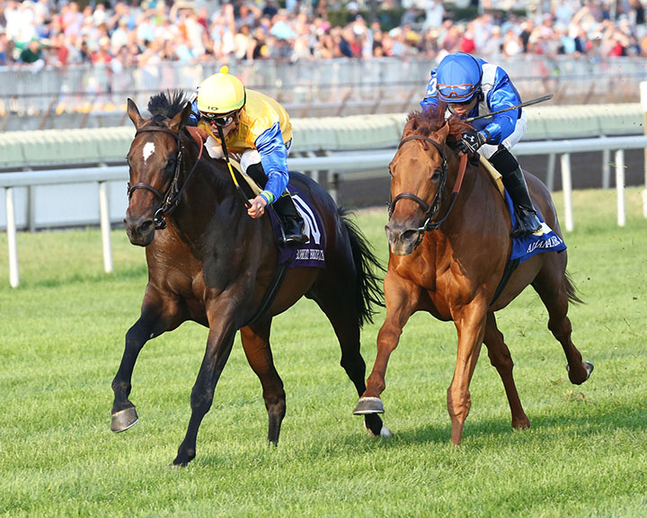 Robert Bruce (left) wins the 2018 Arlington Million at Arlington Park