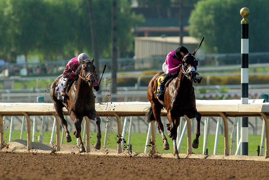 Rombauer (left) finishes second in the American Pharoah Stakes at Santa Anita