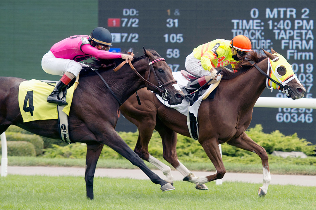 Rosebud's Hope (right) wins a July 31 optional claiming race at Woodbine