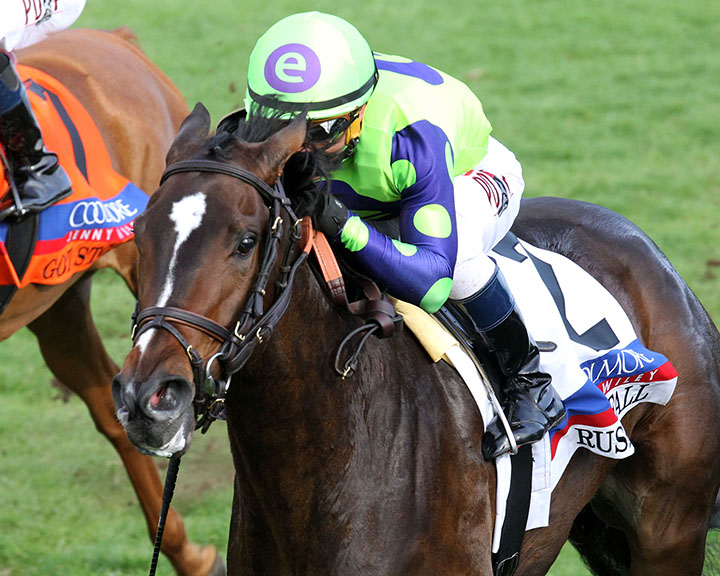 Rushing Fall wins the 2019 Jenny Wiley Stakes at Keeneland Race Course