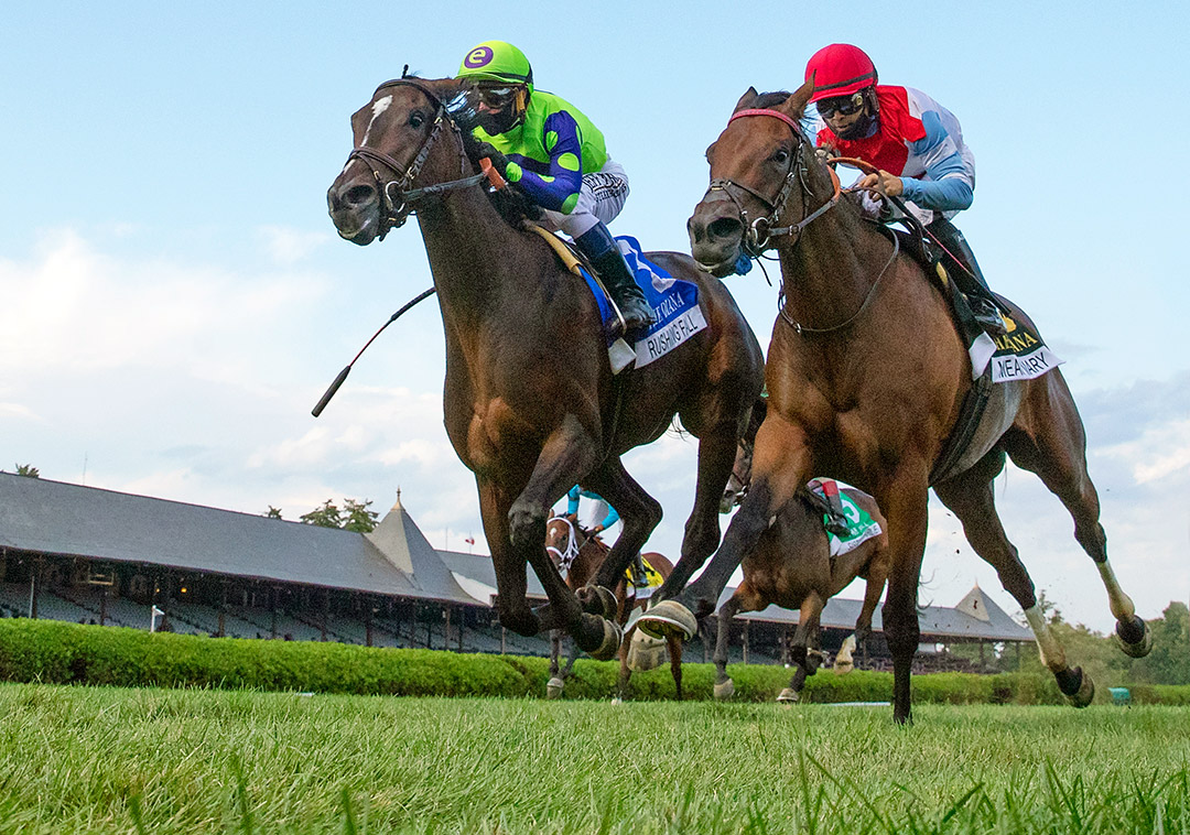 Mean Mary (right) finishes second in the Diana Stakes at Saratoga Race Course