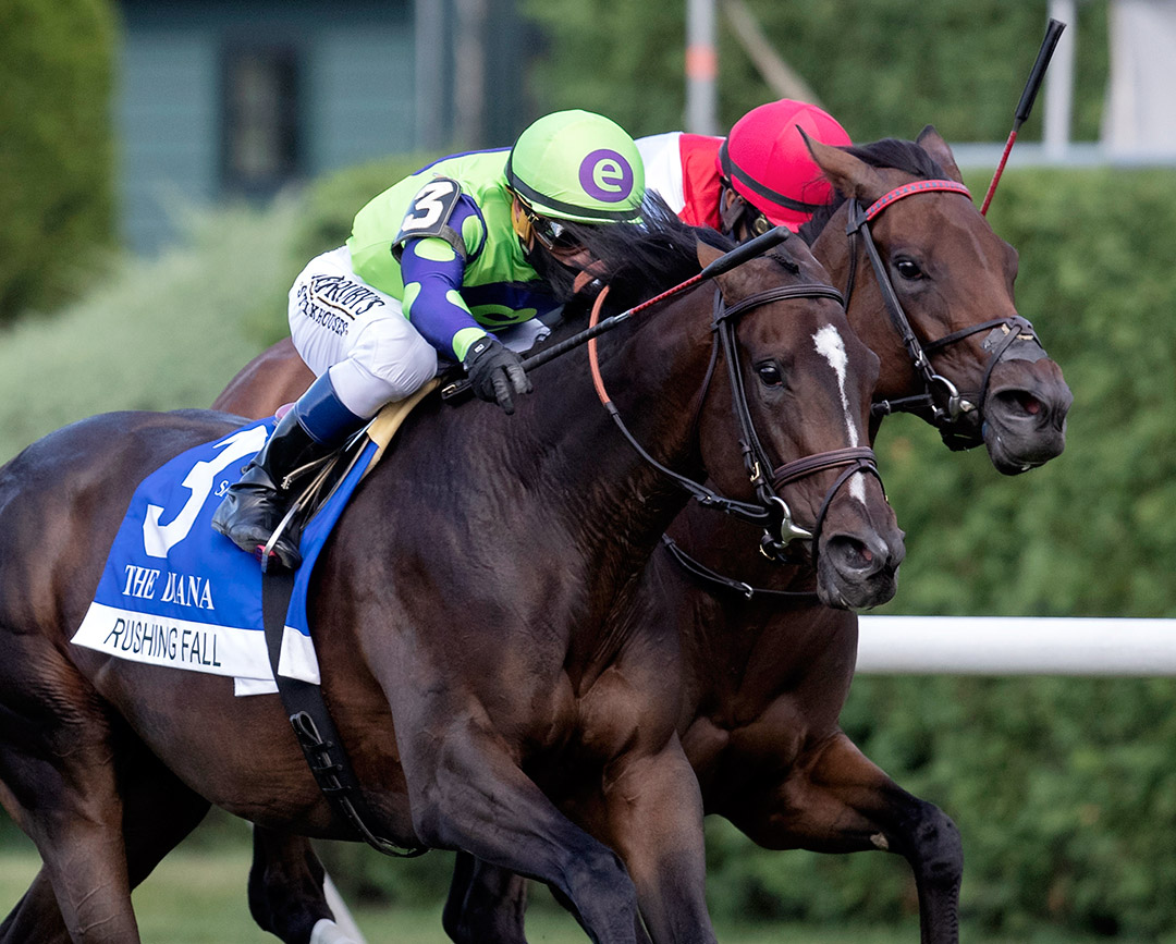 Rushing Fall wins the 2020 Diana Stakes at Saratoga Race Course
