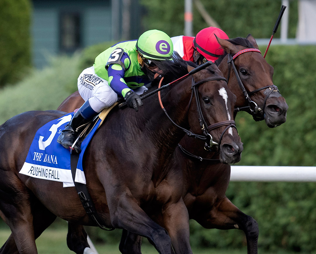 Rushing Fall (left) wins the 2020 Diana Stakes at Saratoga Race Course