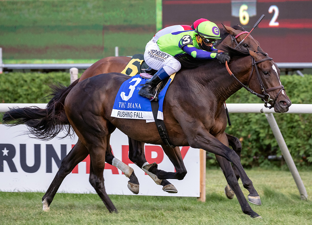 Rushing Fall wins the 2020 Diana Stakes at Saratoga Race Course