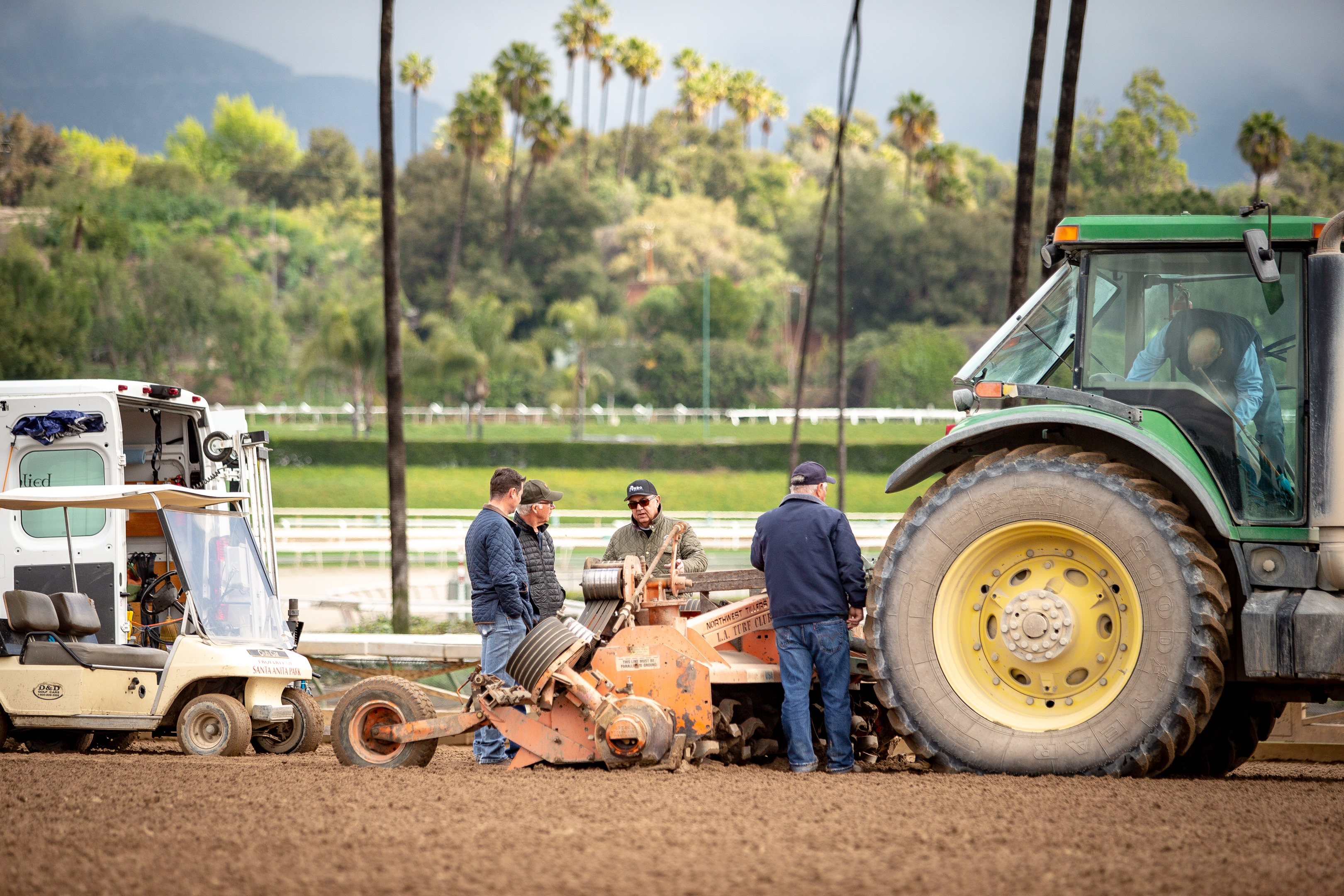 Dennis Moore (center) during Santa Anita track testing in March 2019