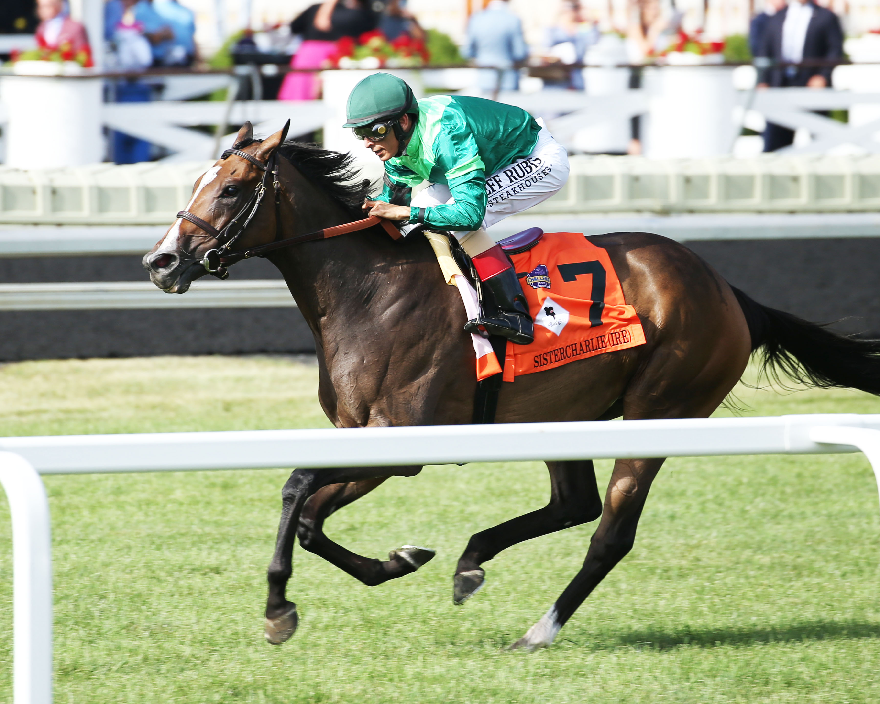 Sistercharlie (center) wins the 2019 Beverly D.