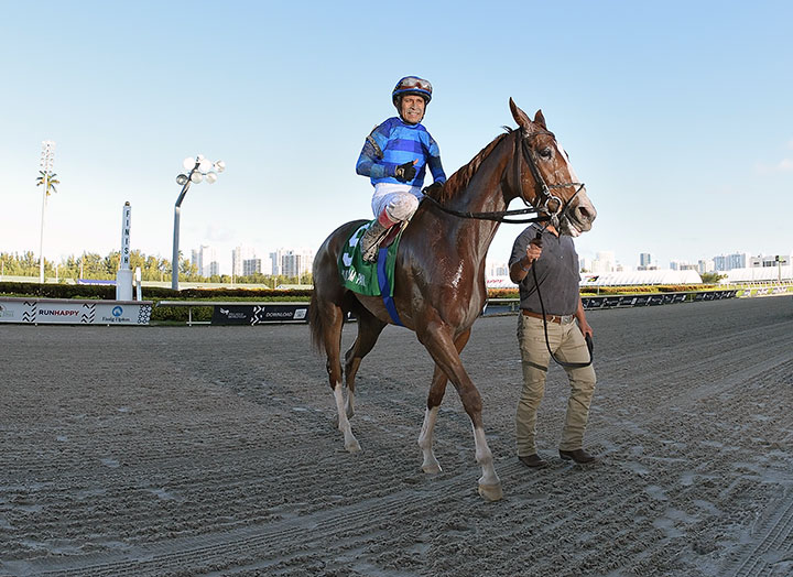Edgar Prado and Sally's Curlin after winning the 2020 Hurricane Bertie at Gulfstream Park