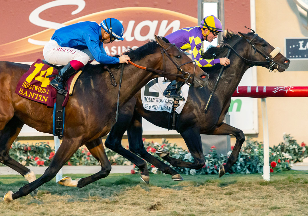 Santin (left) finishes second in the 2021 Hollywood Derby at Del Mar