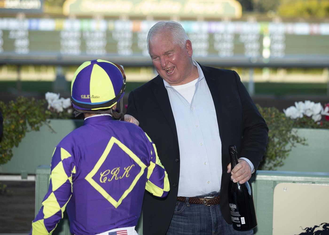 Owner Lee Searing with Victor Espinoza following Midcourt-s 2020 San Pasqual win