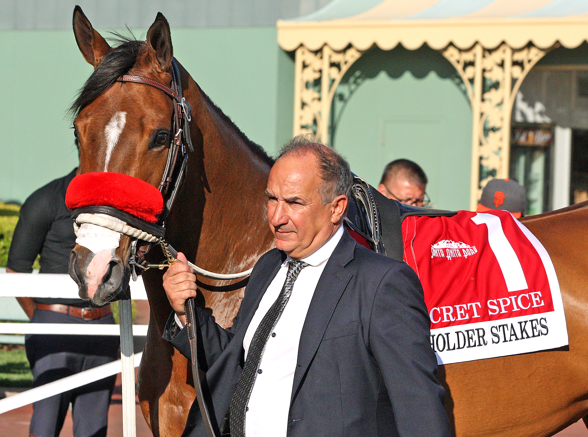 Richard Baltas and Secret Spice following the Beholder Stakes on March 30 2019