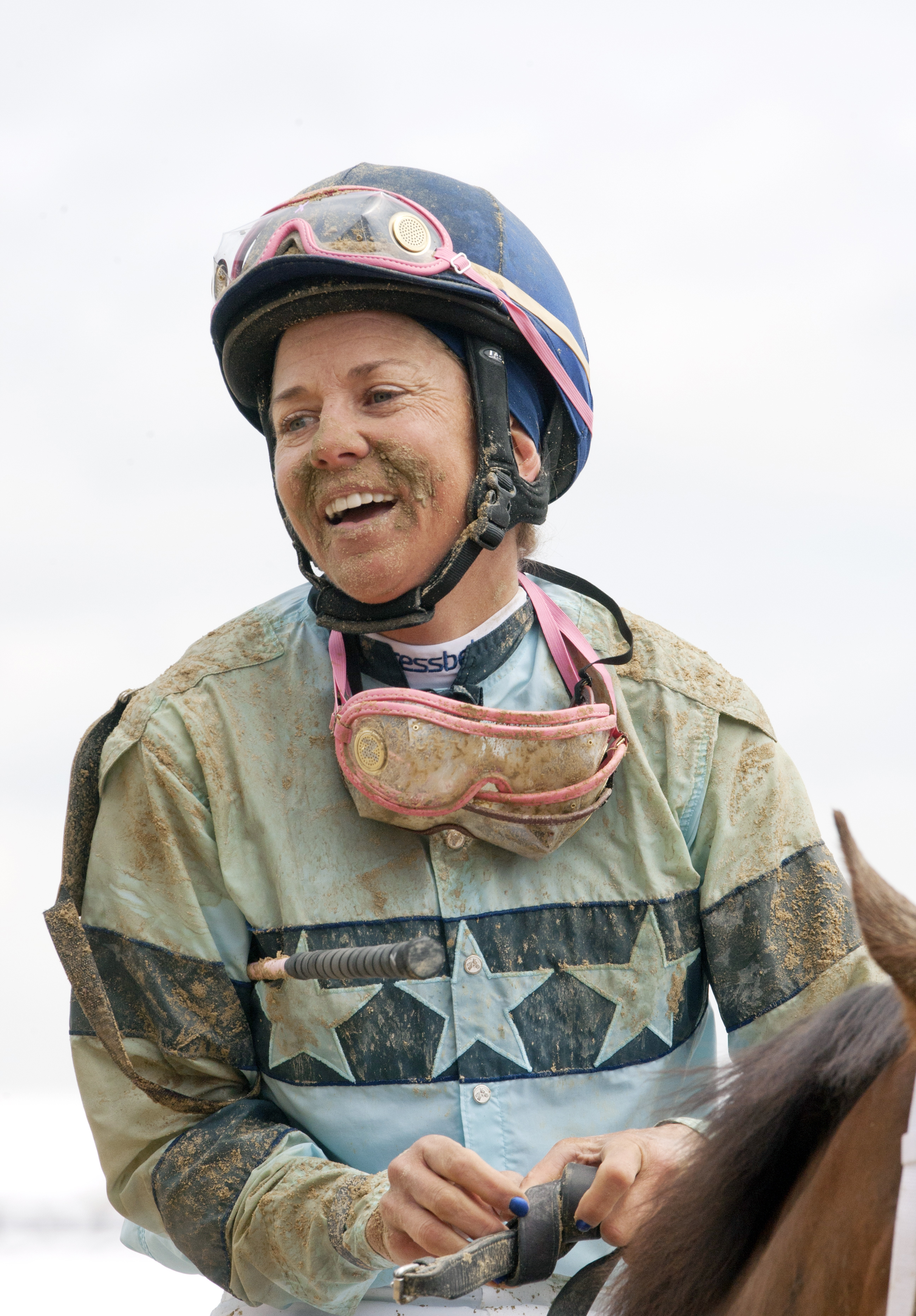Andrea Seefeldt smiles after winning the Lady Legends race at Pimlico