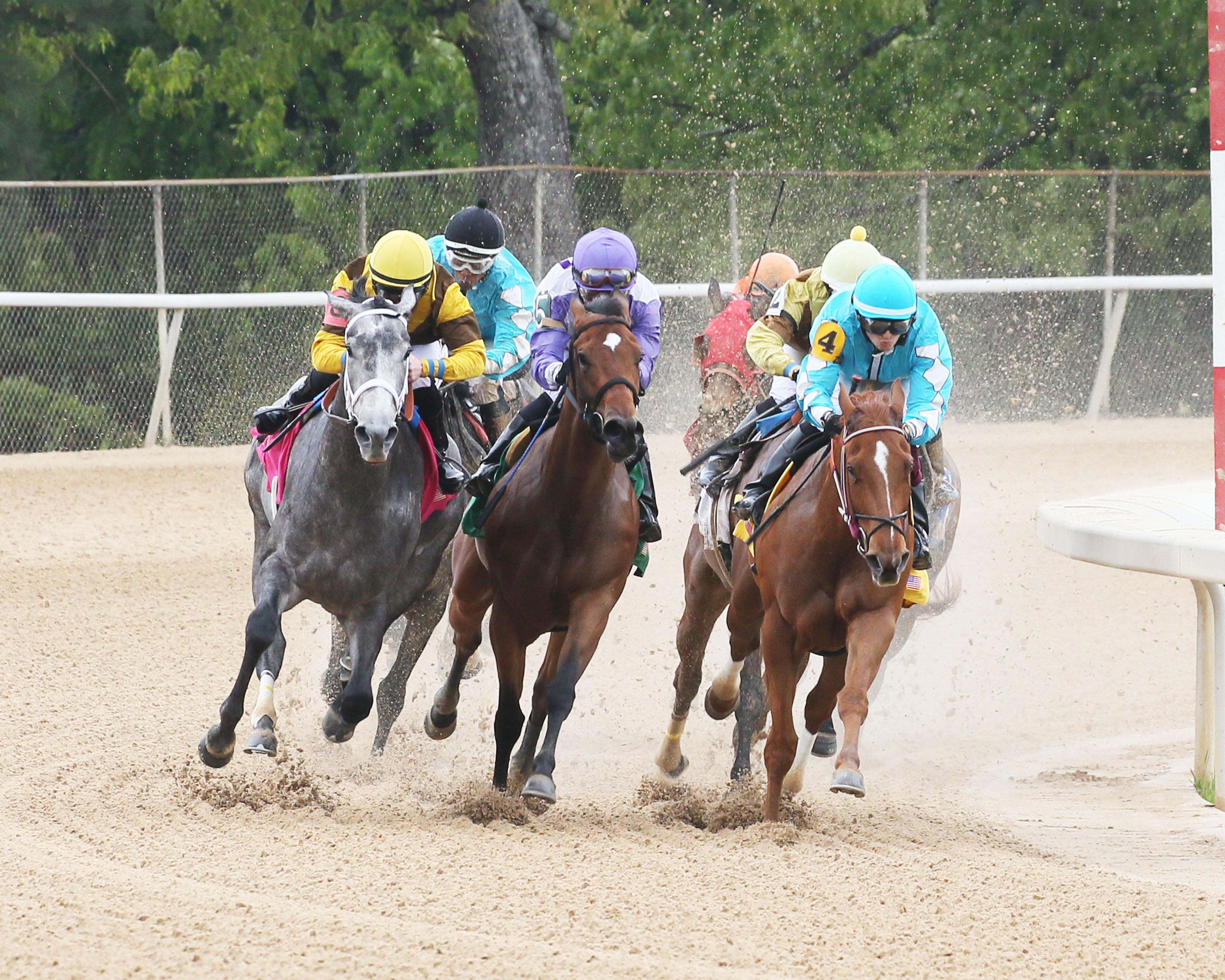 Sekani (left) challenges entering stretch of the Rainbow Miss at Oaklawn Park 4-17-2020.CO