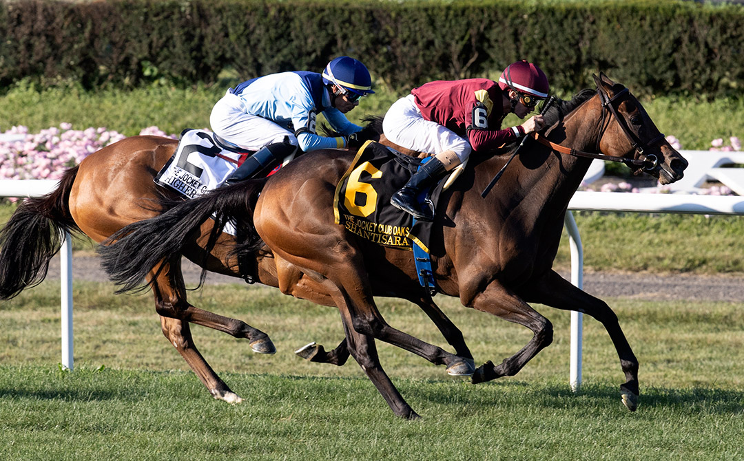 Shantisara wins the 2021 Jockey Club Oaks at Belmont Park