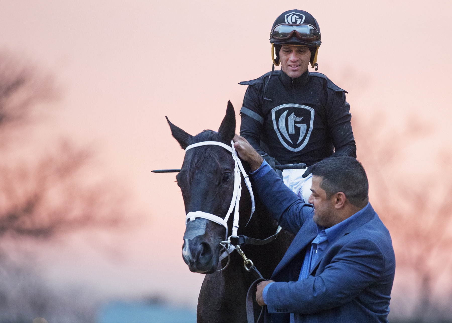 Trainer Jorge Navarro with Sharp Azteca after the 2017 Cigar Mile